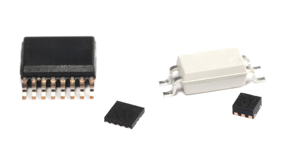  左圖為採用 4mm² SON 封裝的 TXG8041，相較於尺寸大 7 倍、佔地面積為 29mm² 的電隔離器；右圖為採用 2.25mm² SON 封裝的 TXG8010，相較於尺寸大 8 倍、佔地面積為 19mm² 的光耦合器。