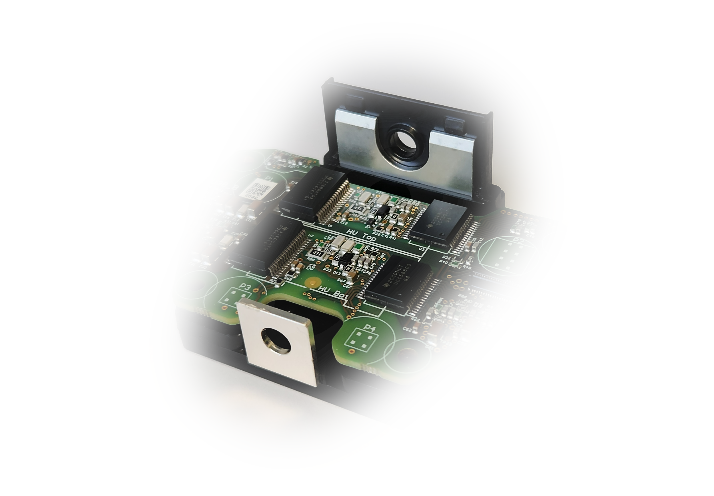  Gate-driver printed circuit
                    board with both the UCC5880-Q1 and UCC14141-Q1 mounted on the power
                    module