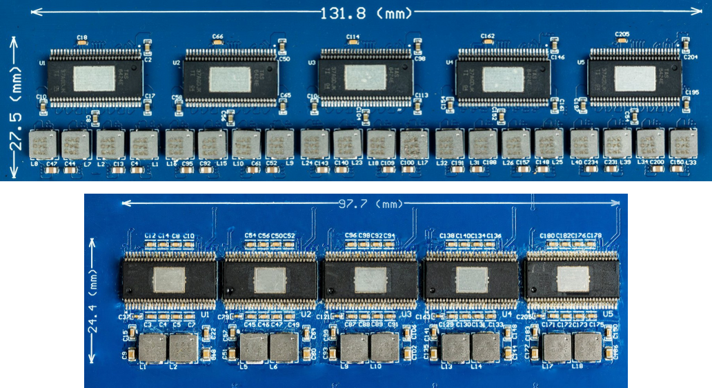  A 20-channel automotive audio
                    system design featuring TI’s TAS6424E-Q1 Class-D amplifiers (top) compared to
                    TI’s five TAS6754-Q1 Class-D amplifiers (bottom)