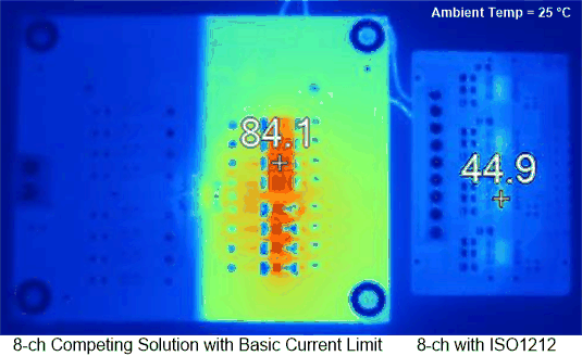 ISO1211 ISO1212 电路板温度比较：传统解决方案与 ISO1212 的对比